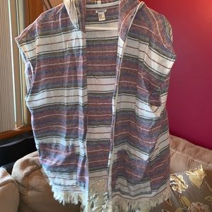 Striped Cardigan with Hood and Fringe Detail